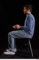 Whole Body Man White Sweatshirt Jeans Slim Sitting Studio photo references